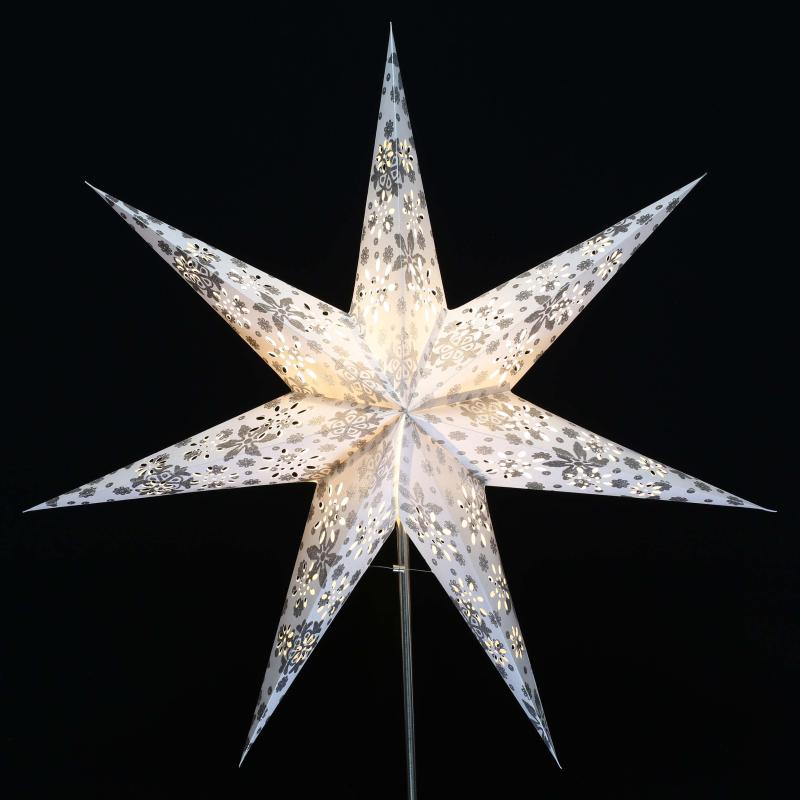 Venya White/Silverglitter - Foldable glowing star, paper poinsettia with 7 points, 60 cm